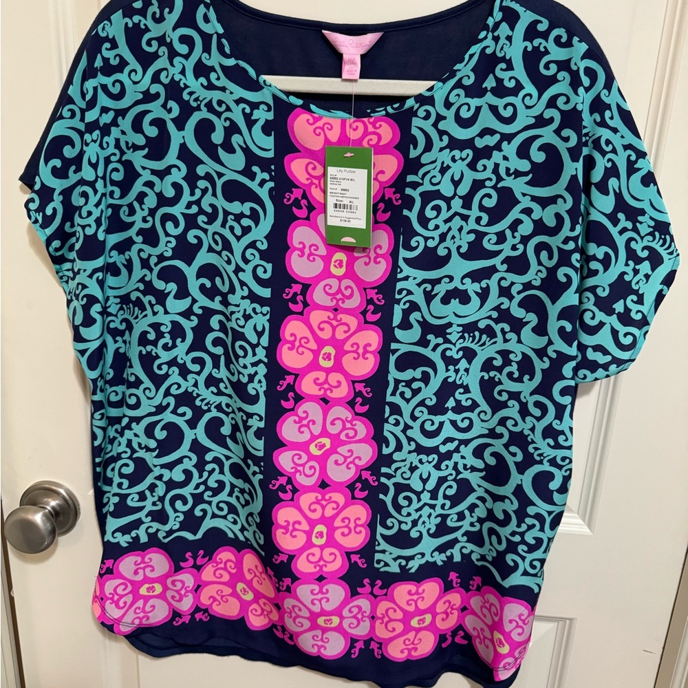 Lilly Pulitzer Silk Marion Navy, Turquoise & Pink Fountain Hopping Top M/L